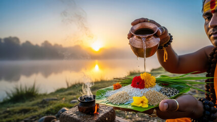 Indian Hindu ritual Tarpanam at sunrise by the river, priest pouring water over grains and flowers for ancestors.