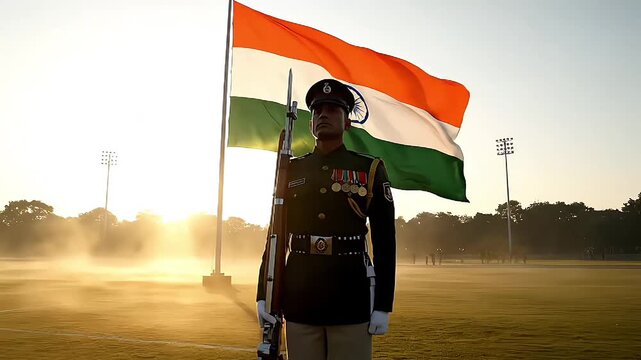 Indian army soldier proudly holding the national flag on a sunny day