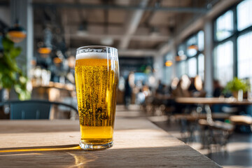 Glass of golden carbonated beverage on wooden table in bright modern casual dining area with blurred background of people socializing and natural light windows