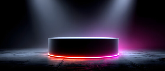 Empty round podium illuminated by vibrant neon lights in a modern studio for product showcase and presentation