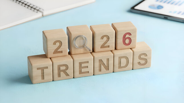 2026 trends forecast with magnifying glass on wooden blocks - Powered by Adobe