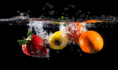 Fresh fruits falling into water on black backdrop for tasty refreshing drink