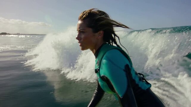 Video of beautiful professional female surfer on a large wave on sunny summer day.Slow motion.AI Generative.