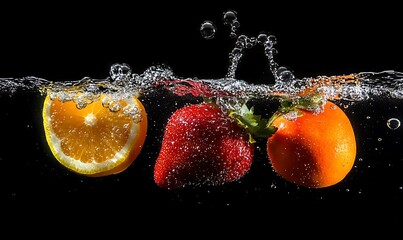 Fresh strawberry and oranges slices splashing into water creating bubbles and refreshment