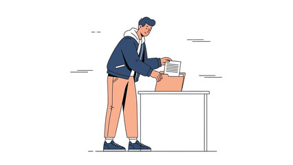 Fototapeta premium Young man voting in an election by casting paper ballot at the polling station