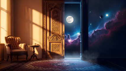 A surreal scene with a door opening to a magical night sky with a full moon and stars shining brightly outside