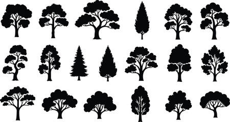 Assortment of black tree silhouettes with varied foliage and shapes Keywords: tree, trees, silhouette, black, white background © ripon29