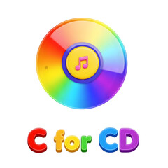 3D icon of a CD with a music note, representing music discs and audio playback, in rainbow colors with text C for CD.