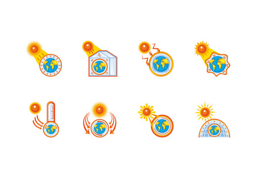 Colorful Greenhouse Global Warming Icons Set