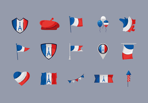 Blue And Red Bastille Day Icons Set