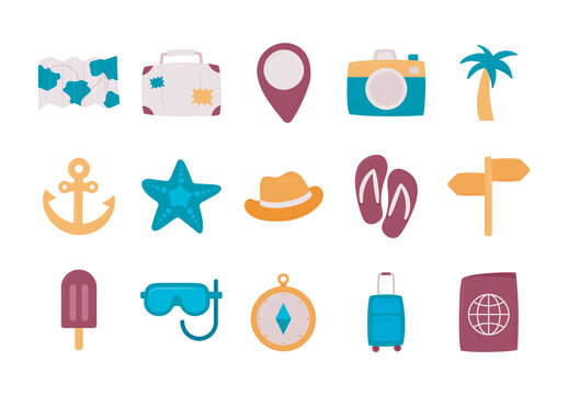 Colorful Travel Vacation Tourism Icons Set
