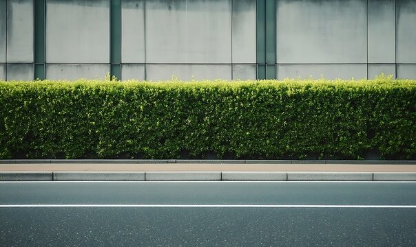 Green hedge against wall with block pattern with road and curb in city