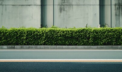 Green hedge alongside road and wall with simple minimalist architecture