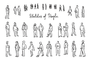 Hand drawn sketches of people collection, outline figures of men and women in various poses and casual clothing, line art characters for architecture design, vector illustration set