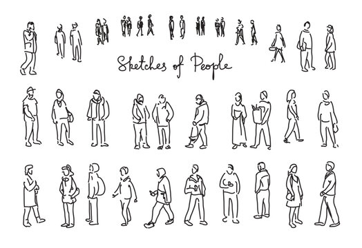 Hand drawn sketches of people collection, outline figures of men and women in various poses and casual clothing, line art characters for architecture design, vector illustration set