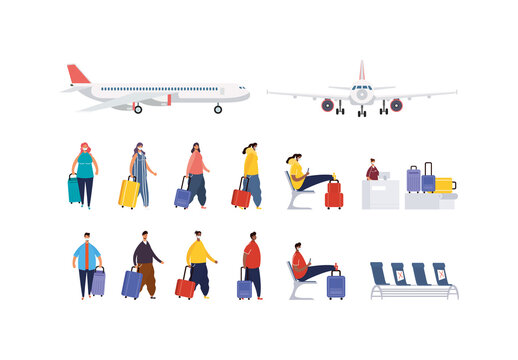 Colorful Airport Passengers Travel Illustration Set