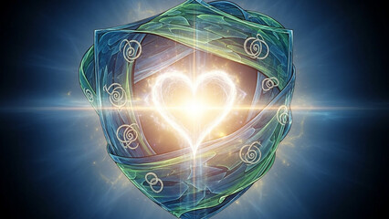 Abstract shield protecting a glowing heart of light, dignity and protection.
