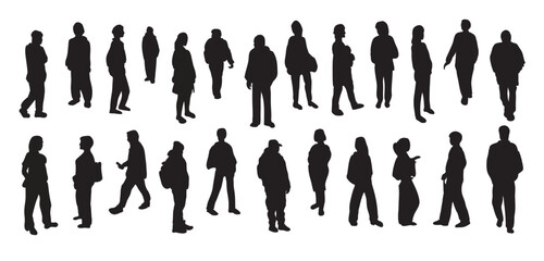 Silhouettes of diverse people in everyday urban life, black figures isolated on white background vector illustration. Casual group of people silhouettes