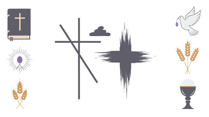Collection of religious symbols and including crosses, wheat, dove, and chalice