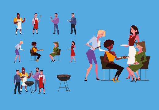 Colorful BBQ Gathering People Illustrations Set