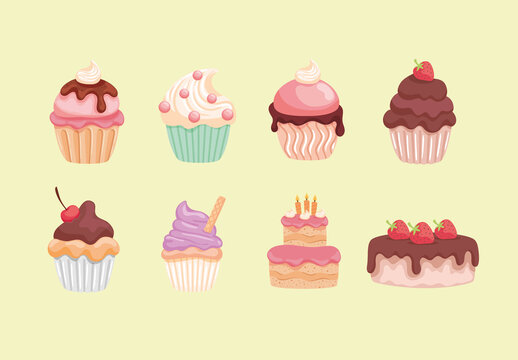 Colorful Cakes Dessert Pastry Bakery Illustration Set