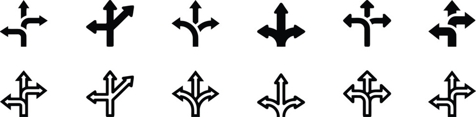 Set of Arrow Junctions Isolated on Transparent Background Different Directional Symbols With Various Branching Points Intersection Silhouette