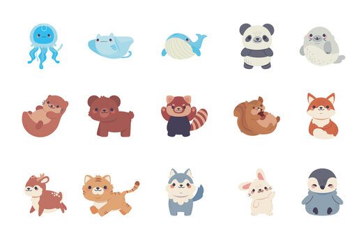 Colorful Cute Animal Cartoon Illustration Set