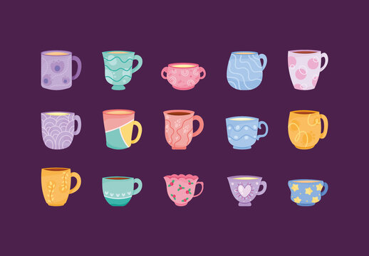 Colorful Cute Coffee Tea Mug Pattern Illustrations Set