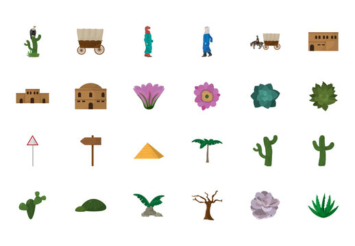 Colorful Desert Culture Cactus Icons Set