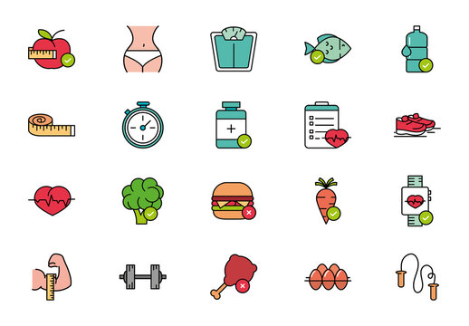 Colorful Diet Health Nutrition Wellness Illustration Set