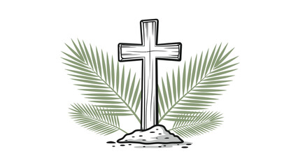 Simple black and white cross with green palm leaves