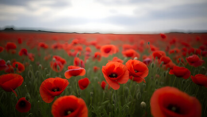Fototapeta premium A field of vibrant red poppy flowers under a cloudy sky on a sunny day with green grass and hills in the background