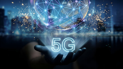Hand holding glowing 5G network sphere with cityscape background