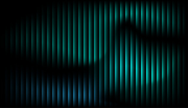 Abstract futuristic neon background with glowing vertical lines and smooth gradient waves in teal and blue on dark black background, modern digital light stripes pattern for technology, music