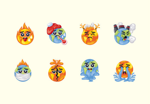 Colorful Global Warming Earth Emoji Illustrations Set