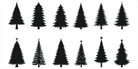 Obraz premium Black Silhouette Christmas Tree Icons Various Shapes and Sizes Keywords: christmas tree, silhouette, black, icon, vector