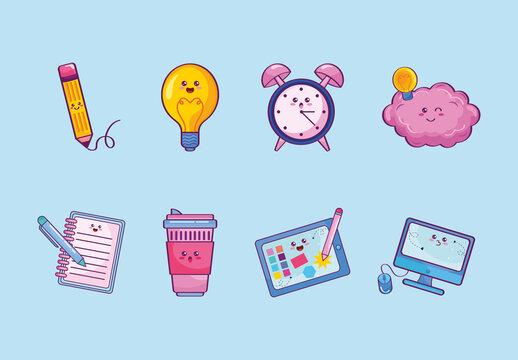 Colorful Kawaii Office School Illustration Set