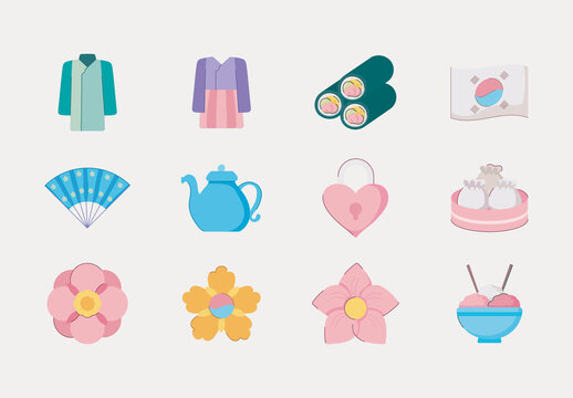 Colorful Korea Culture Icons Set