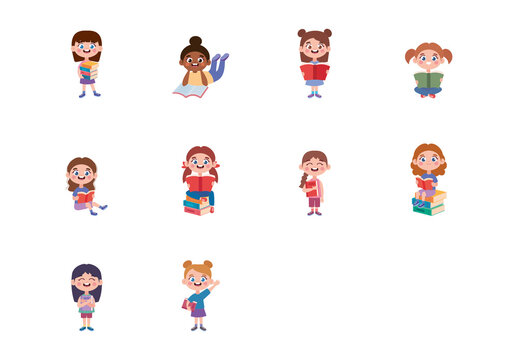 Colorful Little Girls Reading llustration Set