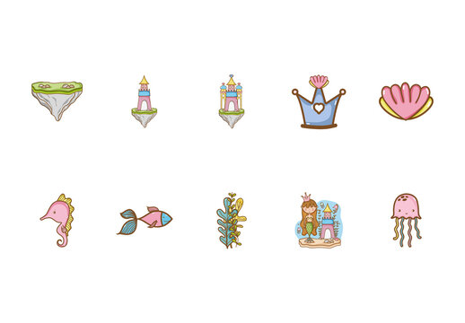 Colorful Mermaid Kingdom Castle Illustrations Set