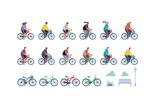 Colorful People City Bike Illustration Set