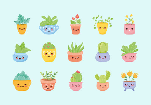 Colorful Kawaii Plants Cute Illustrations Set