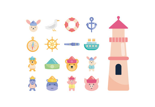Colorful Sailor Animal Flat Illustration Set