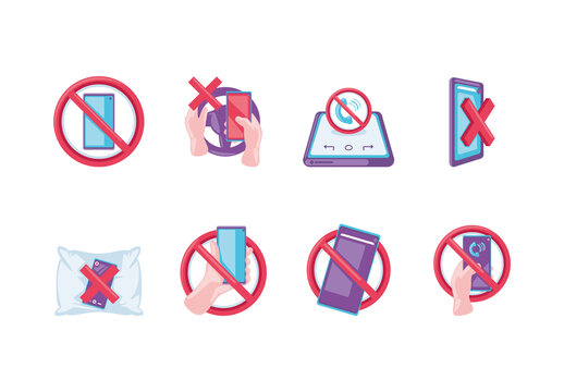 Red And Blue Smartphone Prohibition Icons Set
