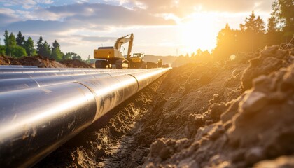 A massive black pipeline is being laid in a muddy trench, dramatically highlighted by warm golden sunset light.
