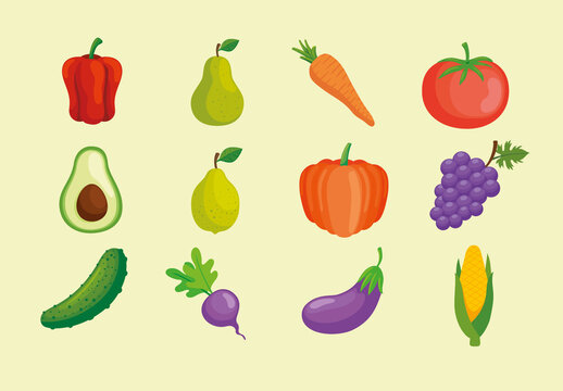 Colorful Vegetables And Fruits Illustration Set