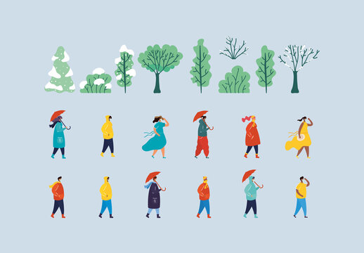 Colorful Weather Seasons People Illustration Set