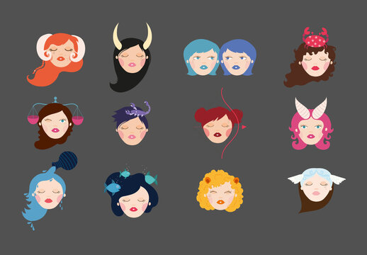 Colorful Woman Zodiac Illustration Set