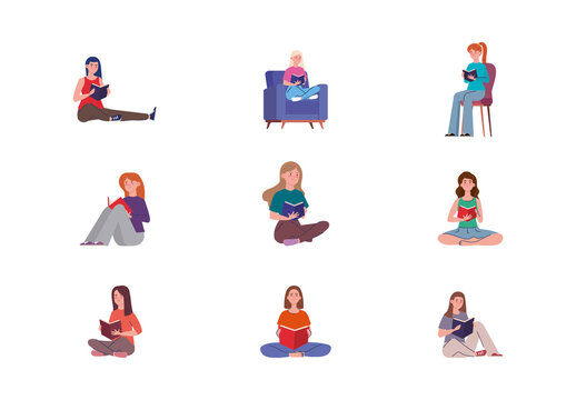 Colorful Woman Reading llustration Set