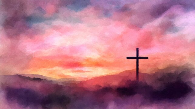Spiritual Easter dawn digital watercolor cross silhouette serene pink orange purple sky art